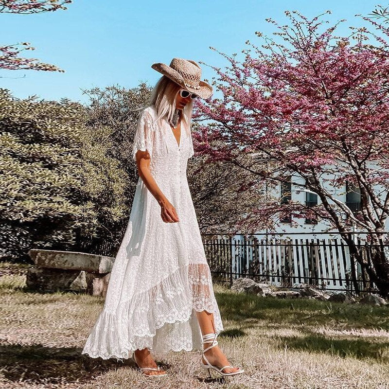 Women's White Lace Maxi Dress With V-Neck And Button-Front Bohemian Timeless Style For Women