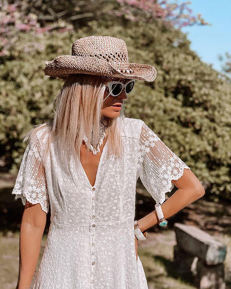 Women's White Lace Maxi Dress With V-Neck And Button-Front Bohemian Timeless Style For Women