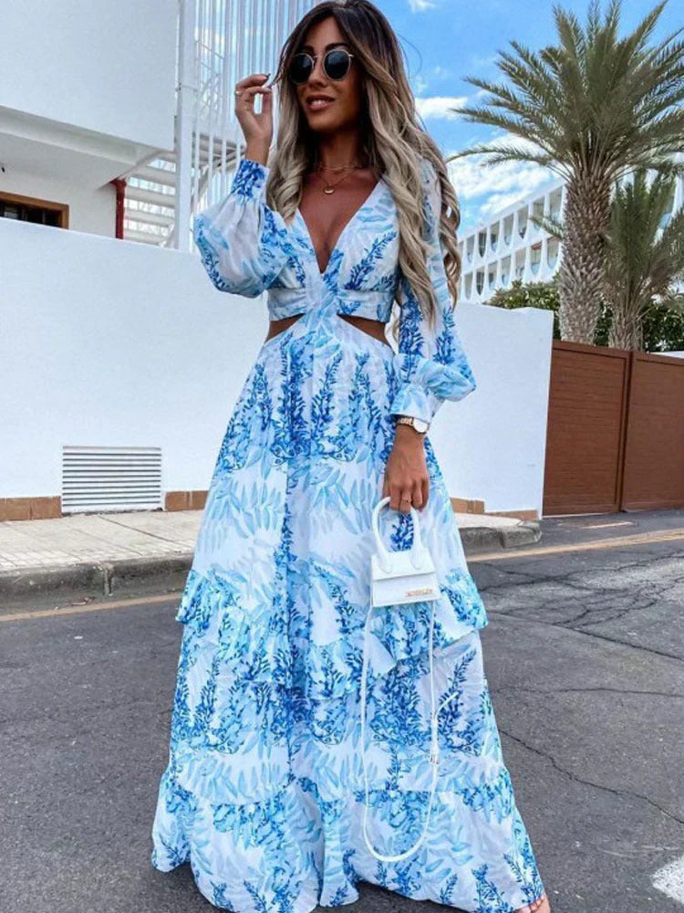 Women's Printed Long Sleeve Maxi Dress With Cut-Out Waist In A Timeless Silhouette
