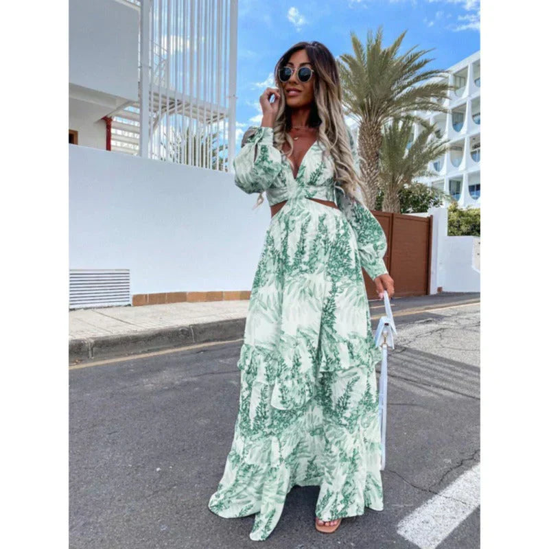 Women's Printed Long Sleeve Maxi Dress With Cut-Out Waist In A Timeless Silhouette