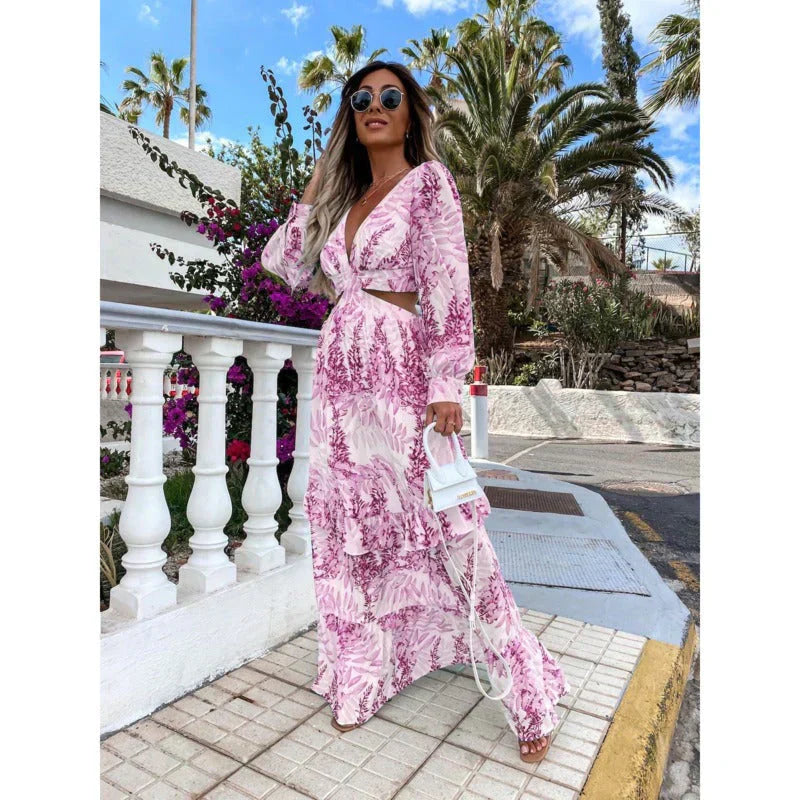 Women's Printed Long Sleeve Maxi Dress With Cut-Out Waist In A Timeless Silhouette