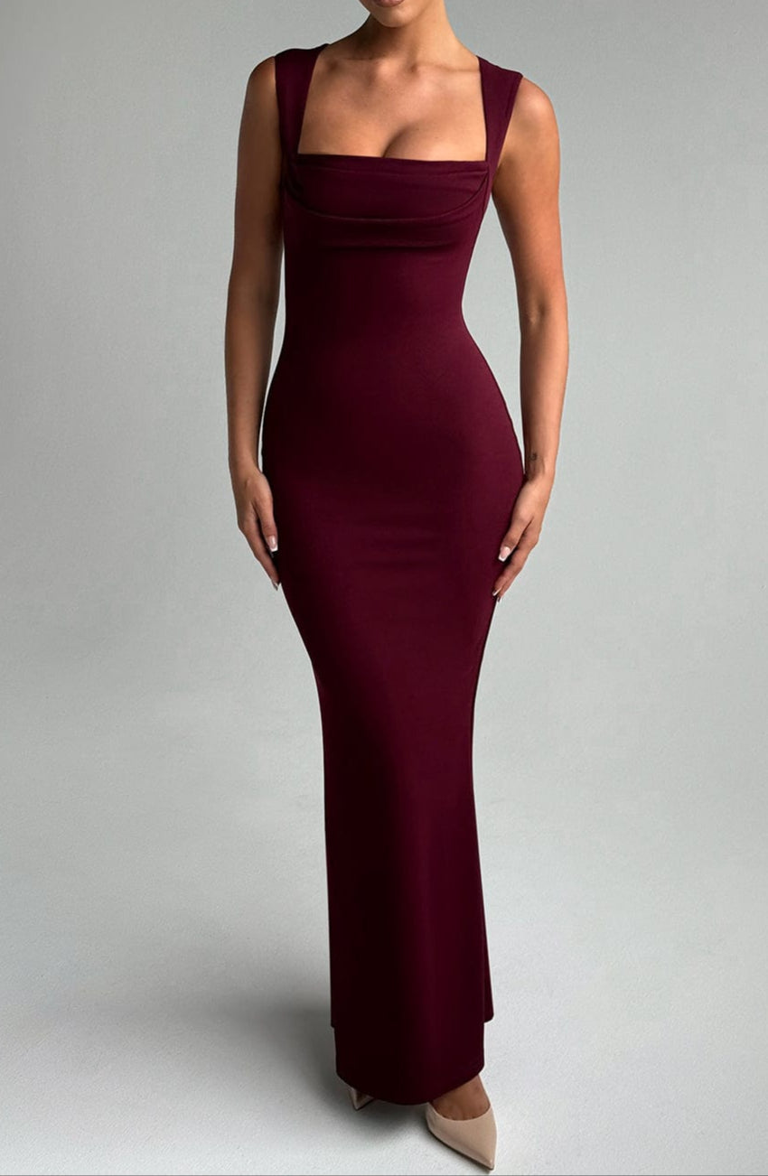 Women's Square Neck Bodycon Maxi Dress With Draped Bodice Detail, Wide Shoulder Straps, And Scoop Back