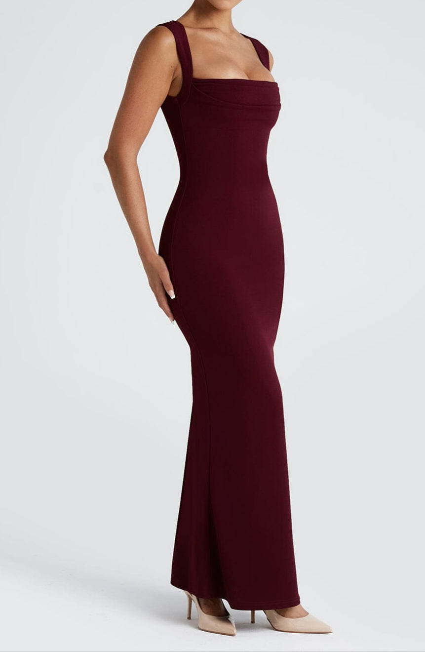 Women's Square Neck Bodycon Maxi Dress With Draped Bodice Detail, Wide Shoulder Straps, And Scoop Back