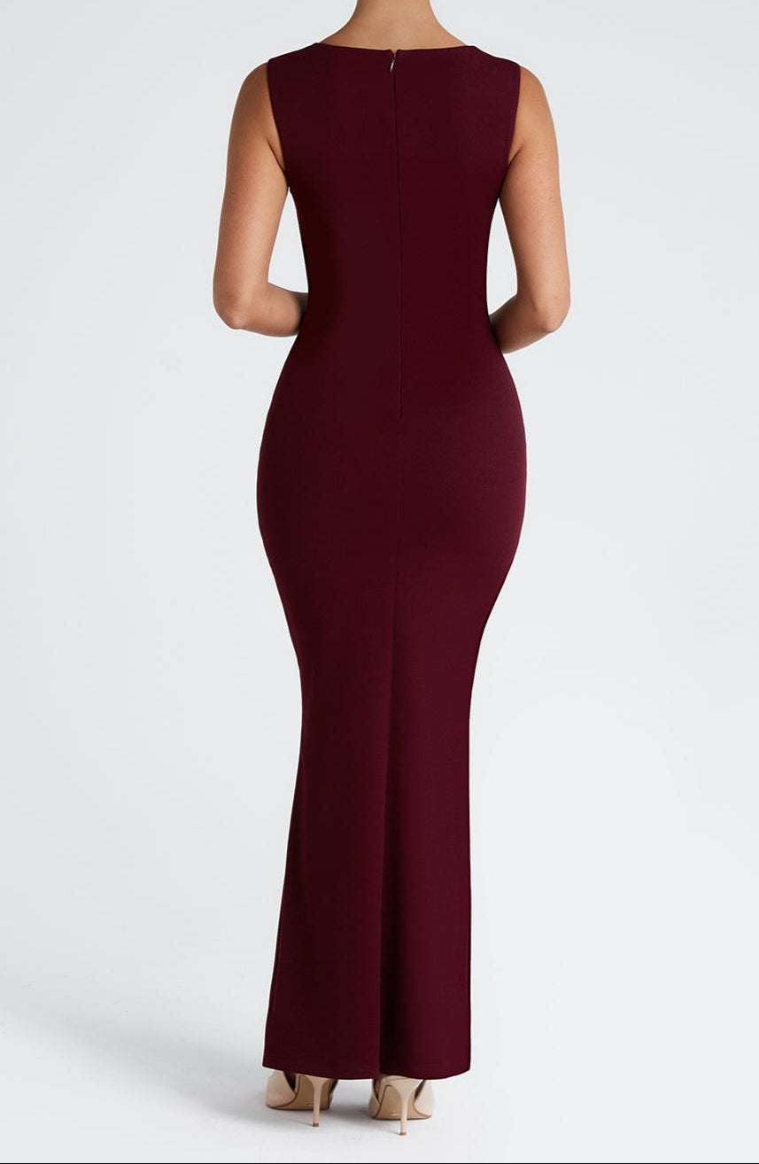 Women's Square Neck Bodycon Maxi Dress With Draped Bodice Detail, Wide Shoulder Straps, And Scoop Back