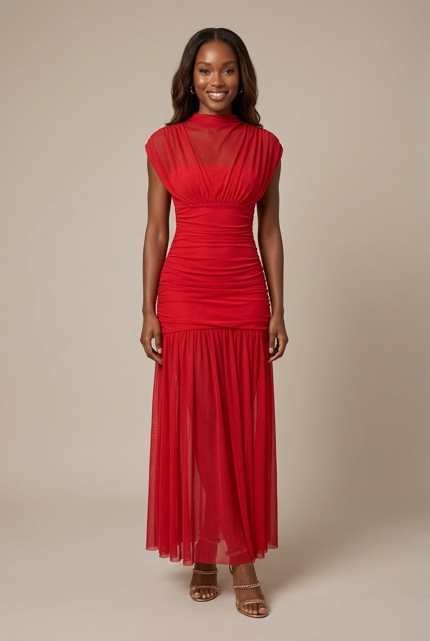 Women's Mesh Drop Waist Maxi Dress With Ruched Bodice And High Neckline In Elegant Silhouette