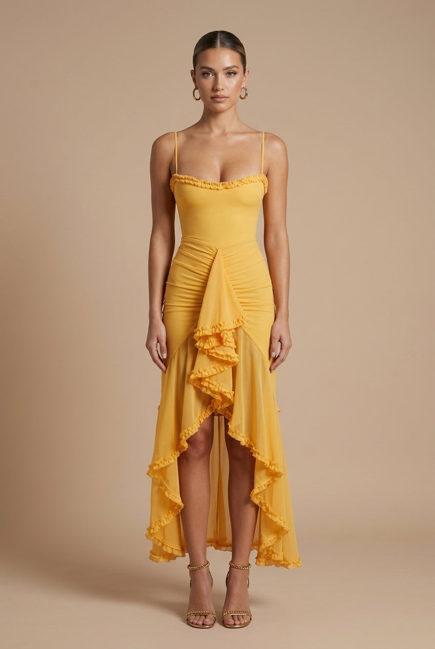Timeless Classic Womens Ruched Spaghetti Strap Maxi Dress With Ruffle Trim Details