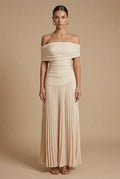 Women's Off Shoulder Pleated Maxi Dress For Wedding Guests In A Classic Long Gown Style
