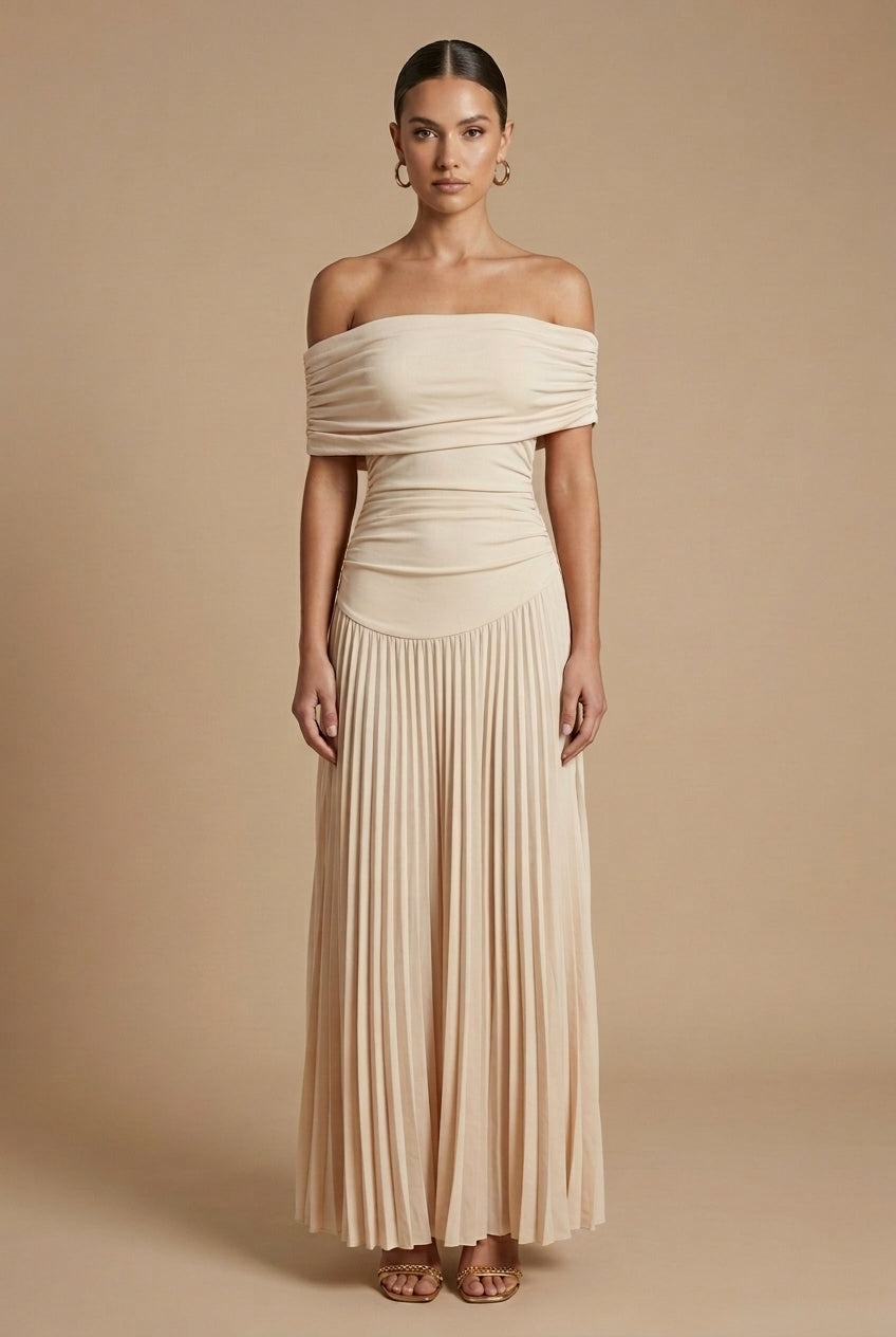 Women's Off Shoulder Pleated Maxi Dress For Wedding Guests In A Classic Long Gown Style
