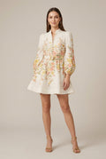 Women's Floral Printed Mini Dress With Elongated Puff Sleeves And Ruched Bodice Detail