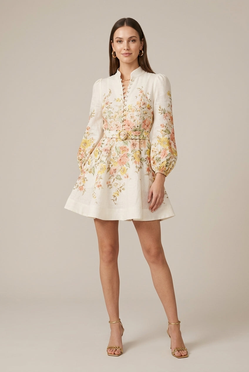 Women's Floral Printed Mini Dress With Elongated Puff Sleeves And Ruched Bodice Detail