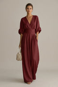 Women's Wrap Front V-Neck Jumpsuit With Wide Leg Trouser Style And Three Quarter Sleeve