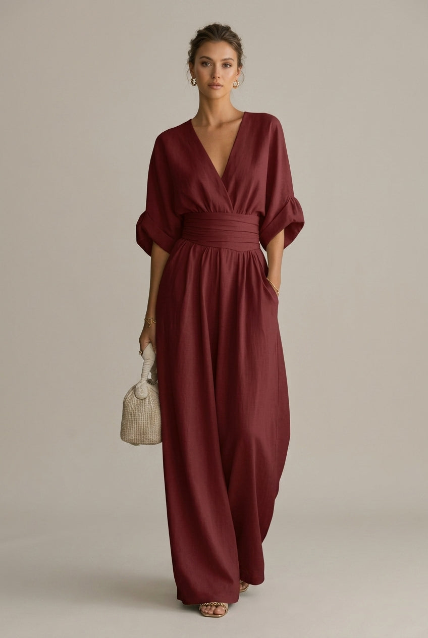 Women's Wrap Front V-Neck Jumpsuit With Wide Leg Trouser Style And Three Quarter Sleeve