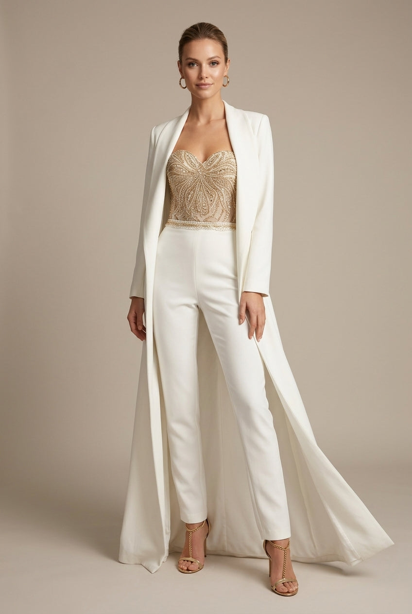 Women's Strapless Dressy Jumpsuit With Sweetheart Neckline, Sequin Embellished Bodice And Straight-Leg Pants