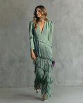 Women's Fringe Maxi Dress With Deep V-Neck And Puff Sleeve Silhouette Design Details
