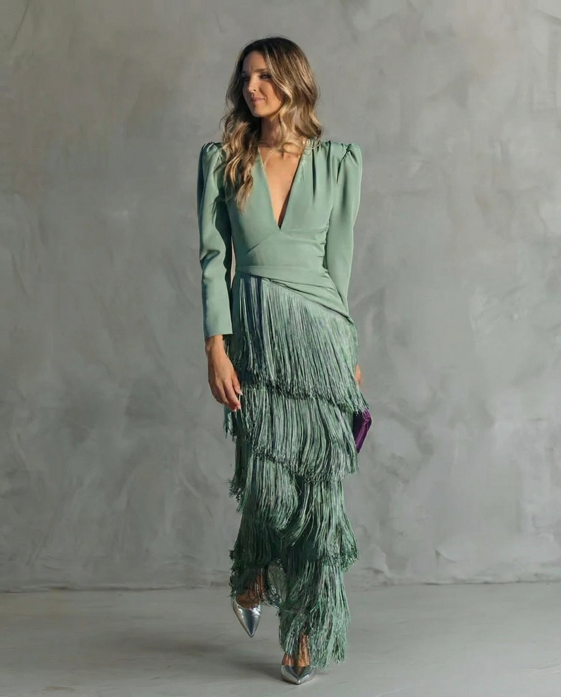 Women's Fringe Maxi Dress With Deep V-Neck And Puff Sleeve Silhouette Design Details