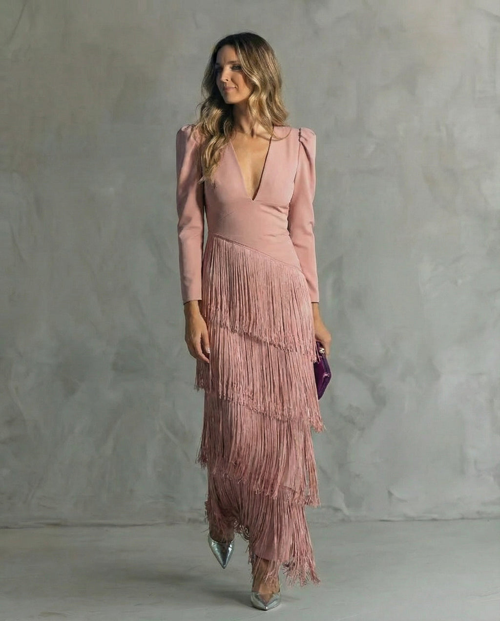 Women's Fringe Maxi Dress With Deep V-Neck And Puff Sleeve Silhouette Design Details