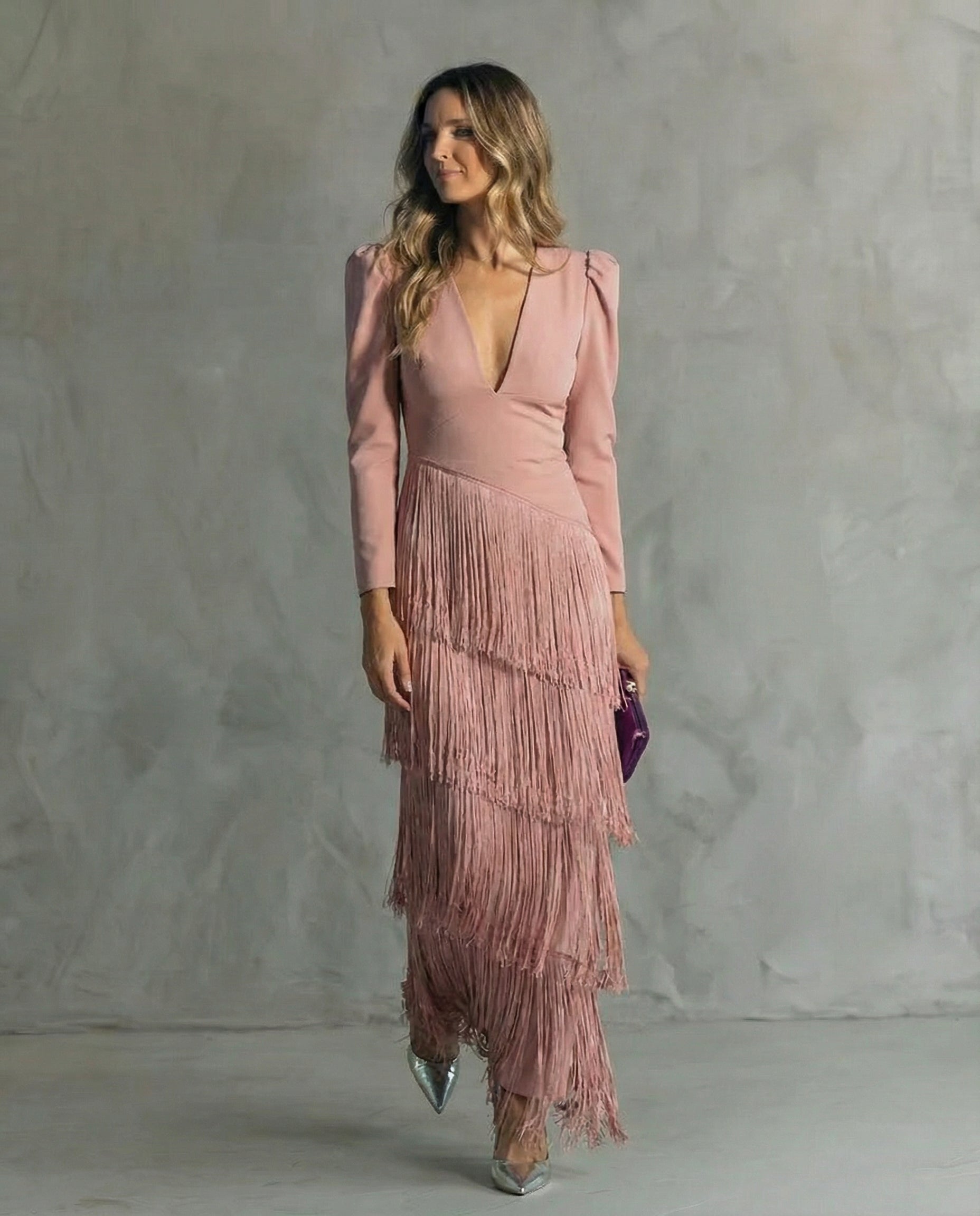 Women's Fringe Maxi Dress With Deep V-Neck And Puff Sleeve Silhouette Design Details
