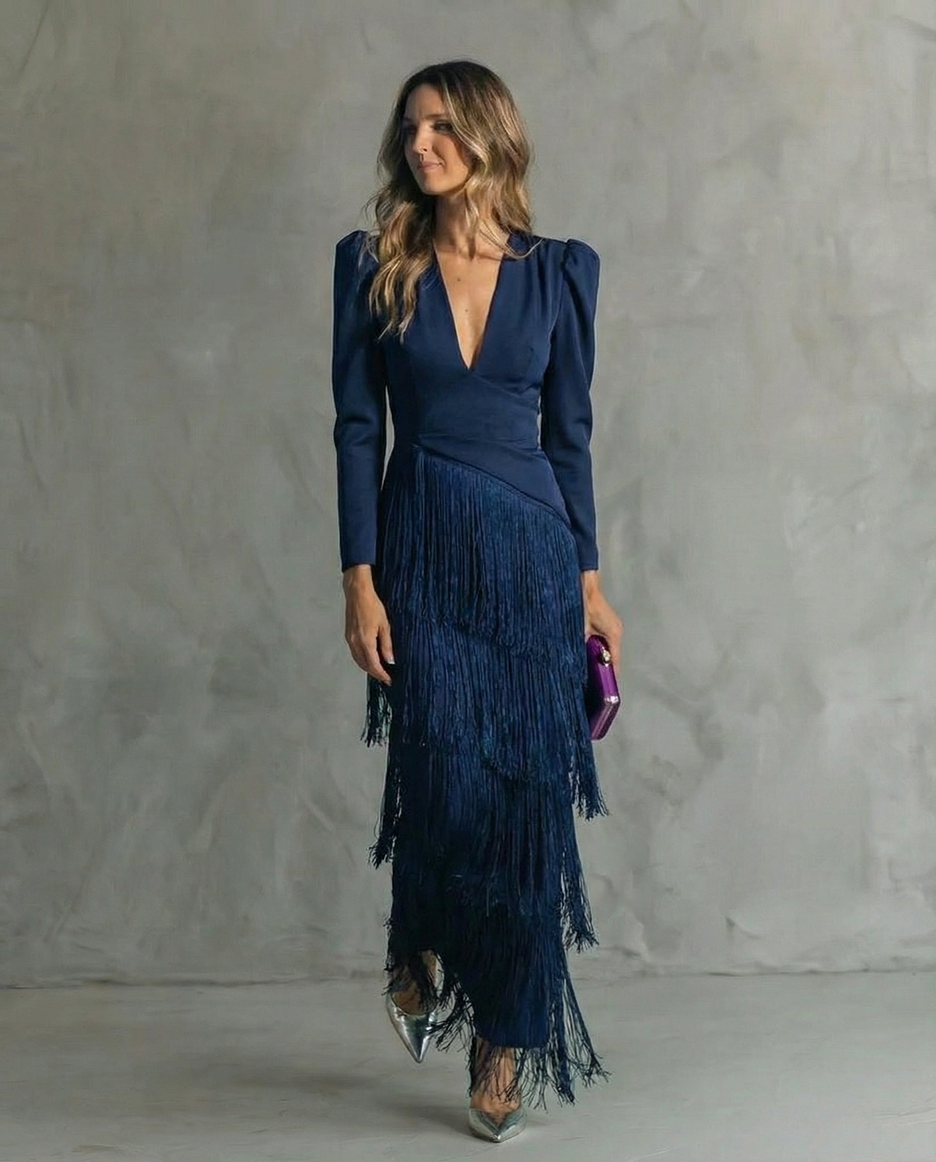Women's Fringe Maxi Dress With Deep V-Neck And Puff Sleeve Silhouette Design Details