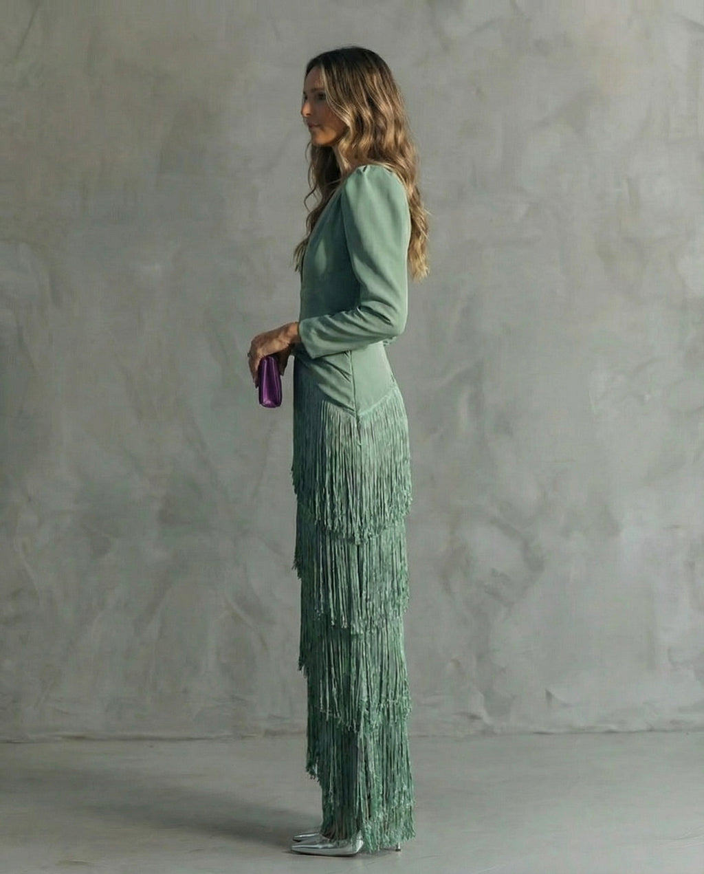 Women's Fringe Maxi Dress With Deep V-Neck And Puff Sleeve Silhouette Design Details