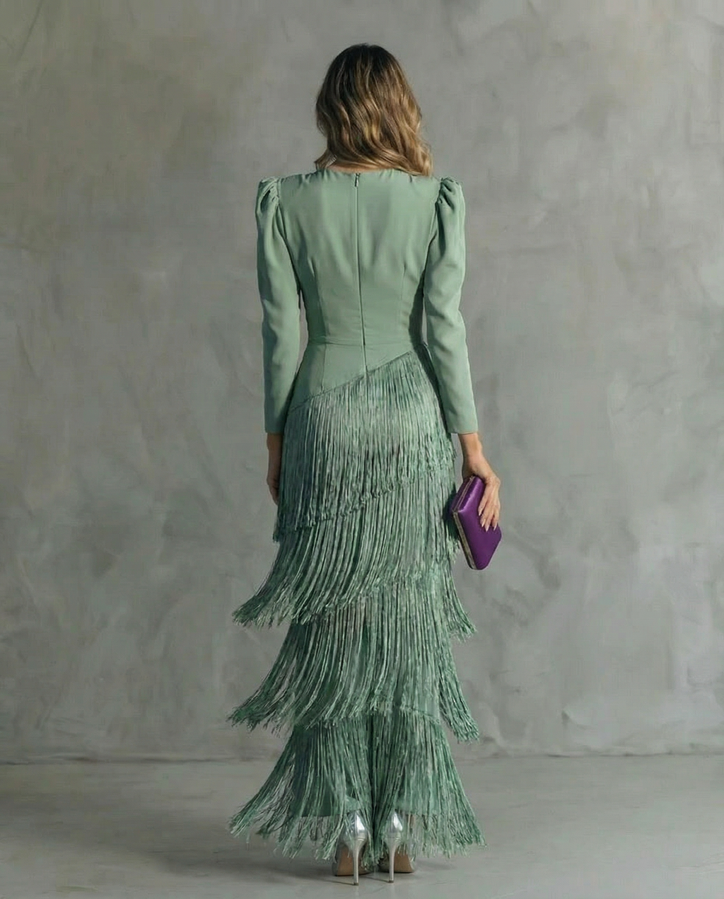 Women's Fringe Maxi Dress With Deep V-Neck And Puff Sleeve Silhouette Design Details