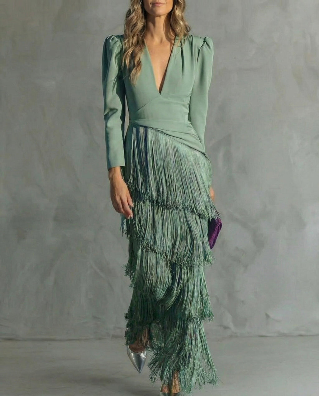 Women's Fringe Maxi Dress With Deep V-Neck And Puff Sleeve Silhouette Design Details