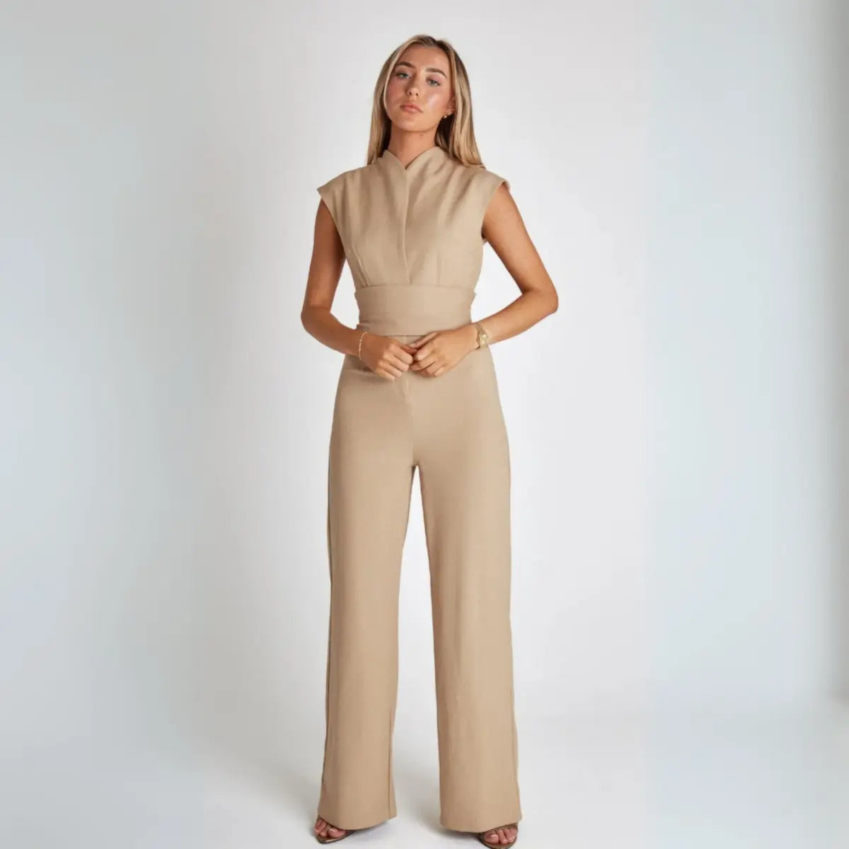 Women's Sleeveless Tailored Jumpsuit Featuring High Waist And Tie Back Design For Modern Wardrobe