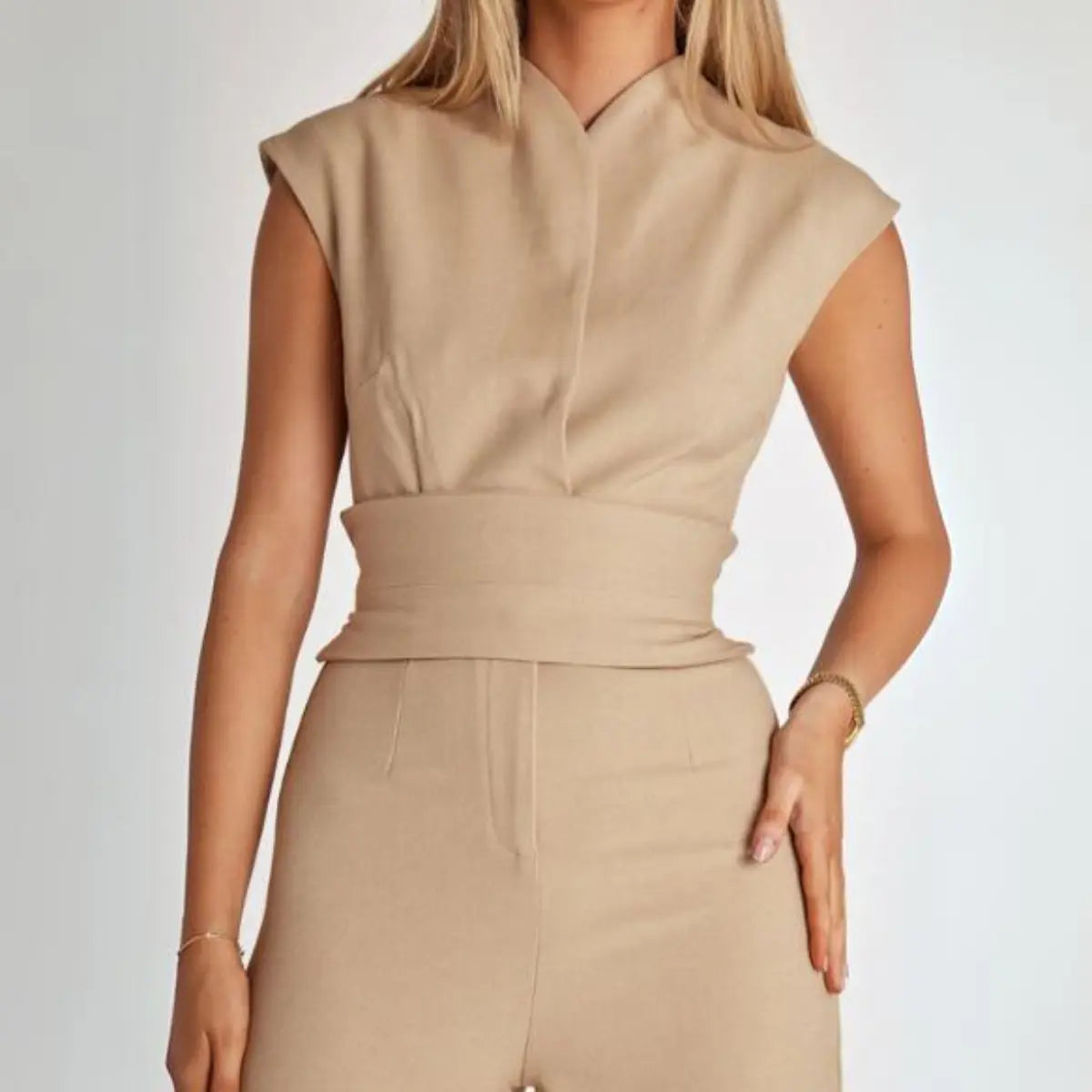 Women's Sleeveless Tailored Jumpsuit Featuring High Waist And Tie Back Design For Modern Wardrobe