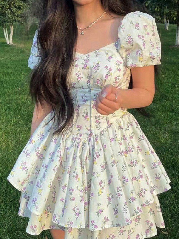 Floral Tiered Ruffle Mini Dress With Sweetheart Neckline, Short Puff Sleeves, And Corset Bodice