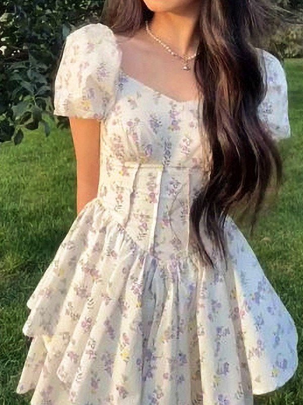 Floral Tiered Ruffle Mini Dress With Sweetheart Neckline, Short Puff Sleeves, And Corset Bodice