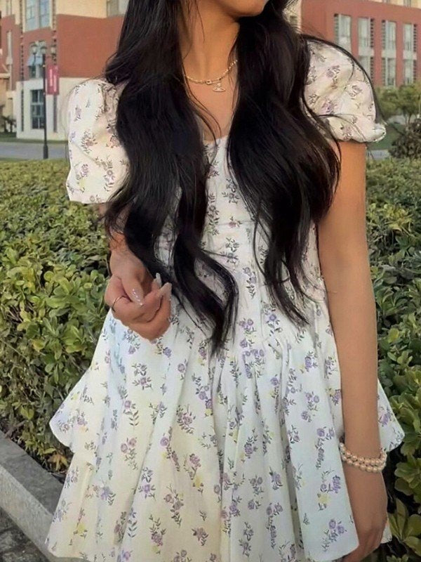 Floral Tiered Ruffle Mini Dress With Sweetheart Neckline, Short Puff Sleeves, And Corset Bodice