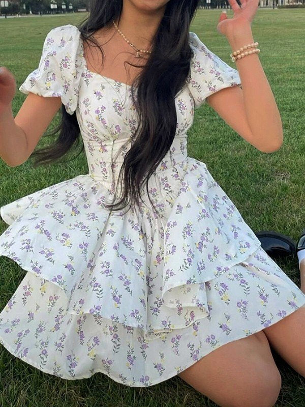 Floral Tiered Ruffle Mini Dress With Sweetheart Neckline, Short Puff Sleeves, And Corset Bodice