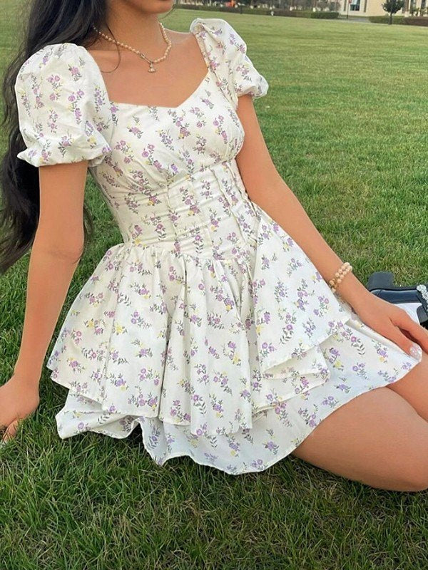 Floral Tiered Ruffle Mini Dress With Sweetheart Neckline, Short Puff Sleeves, And Corset Bodice