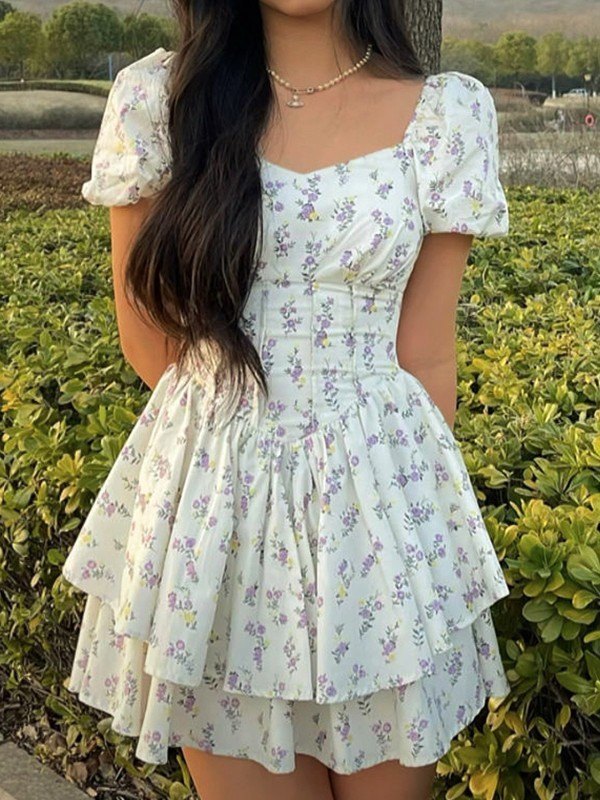 Floral Tiered Ruffle Mini Dress With Sweetheart Neckline, Short Puff Sleeves, And Corset Bodice