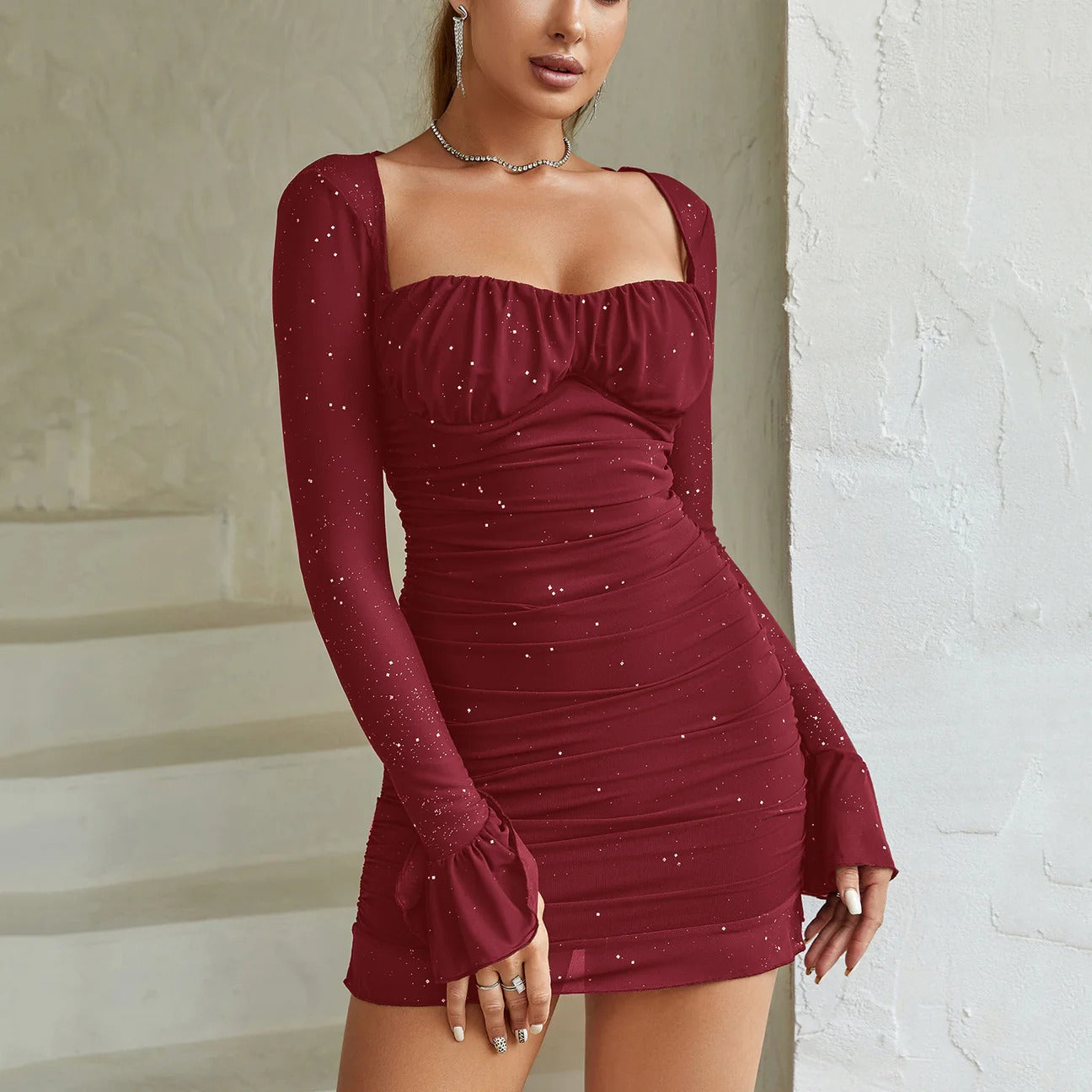 Women's Long Sleeve Square-Neck Mini Dress With Ruched Detailing And Flared Cuffs