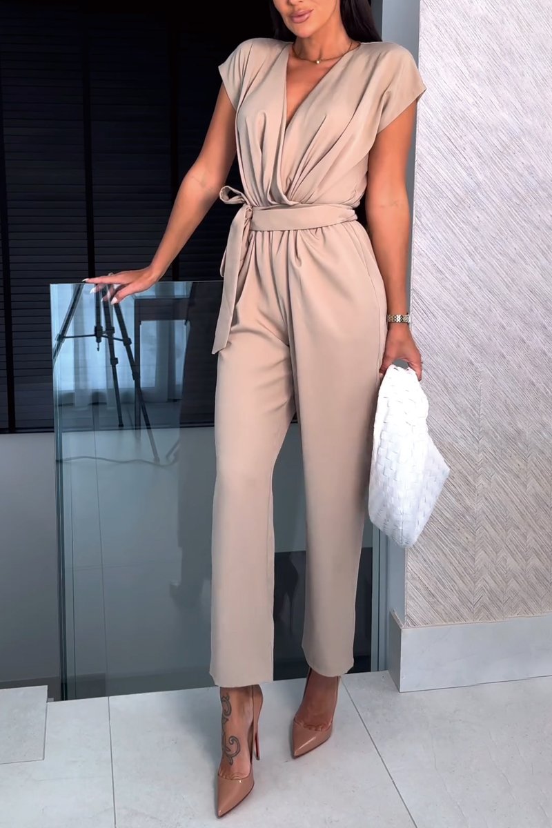 Women's Tailored V-Neck Belted Jumpsuit For An Elegant Summer Silhouette With Timeless Style
