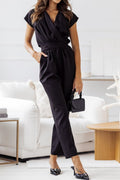 Women's Tailored V-Neck Belted Jumpsuit For An Elegant Summer Silhouette With Timeless Style
