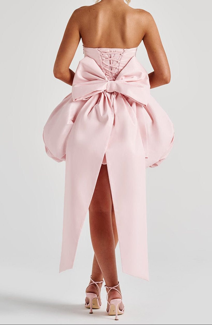 Women's Strapless Corset Mini Dress With Structured Bodice, Bubble Skirt And Asymmetric Trailing Sash