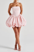 Women's Strapless Corset Mini Dress With Structured Bodice, Bubble Skirt And Asymmetric Trailing Sash