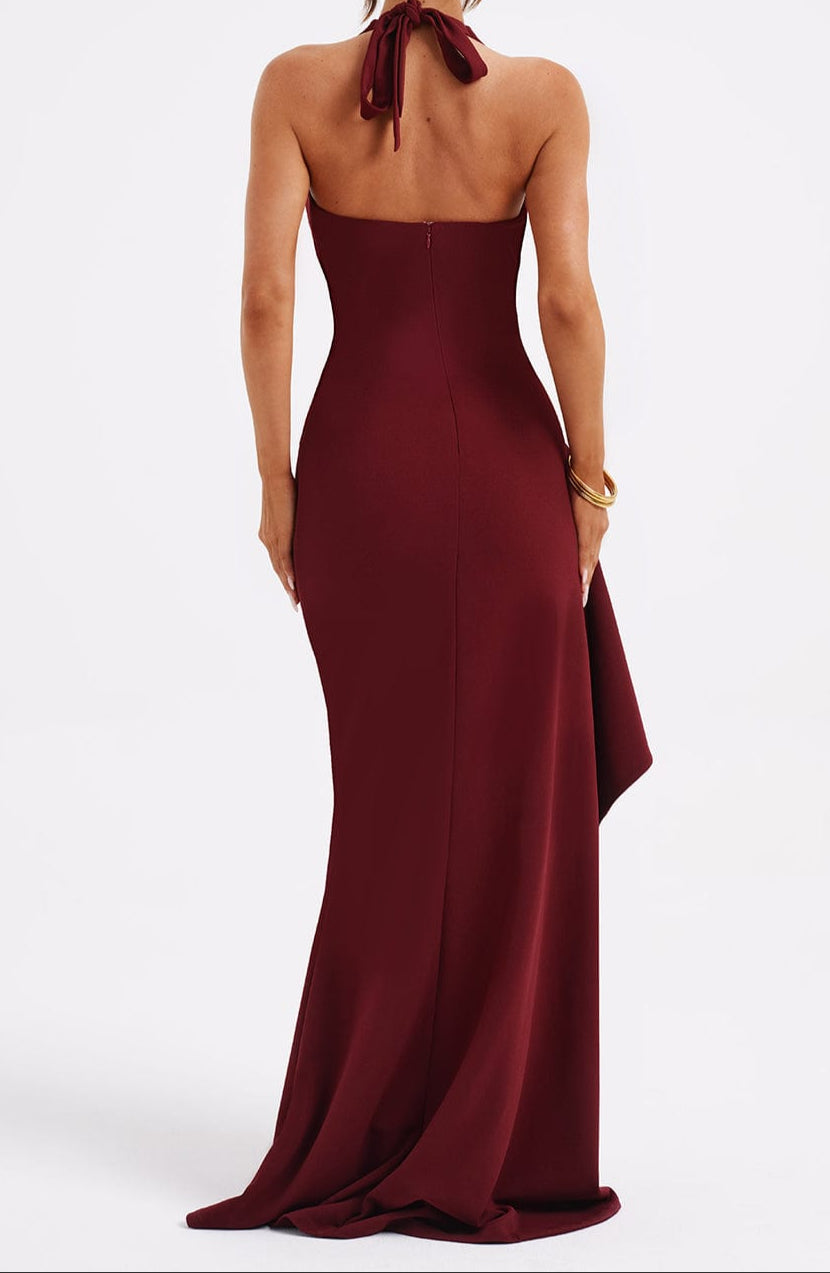 Women's Halter Neck Maxi Dress With Deep Plunge V-Neck, Open Back, And High Front Split