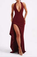 Women's Halter Neck Maxi Dress With Deep Plunge V-Neck, Open Back, And High Front Split