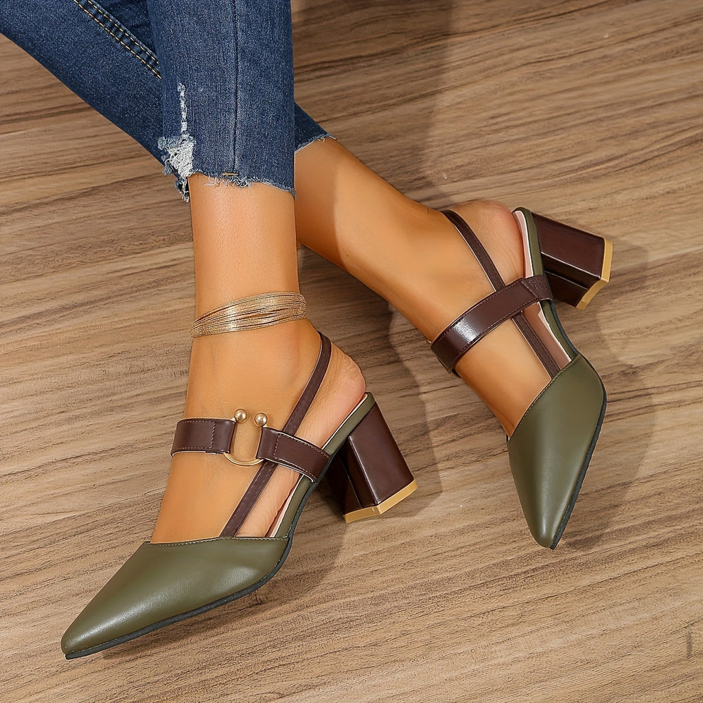 Women's Block Heel Slingback Court Shoes With Pointed Toe, Two-Tone Heels Featuring Contrast Vamp Strap And Gold Ring