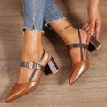 Women's Block Heel Slingback Court Shoes With Pointed Toe, Two-Tone Heels Featuring Contrast Vamp Strap And Gold Ring