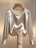Elegant Embellished Satin Bishop Sleeve Blouse For Women With Pearl And Crystal Trim Details