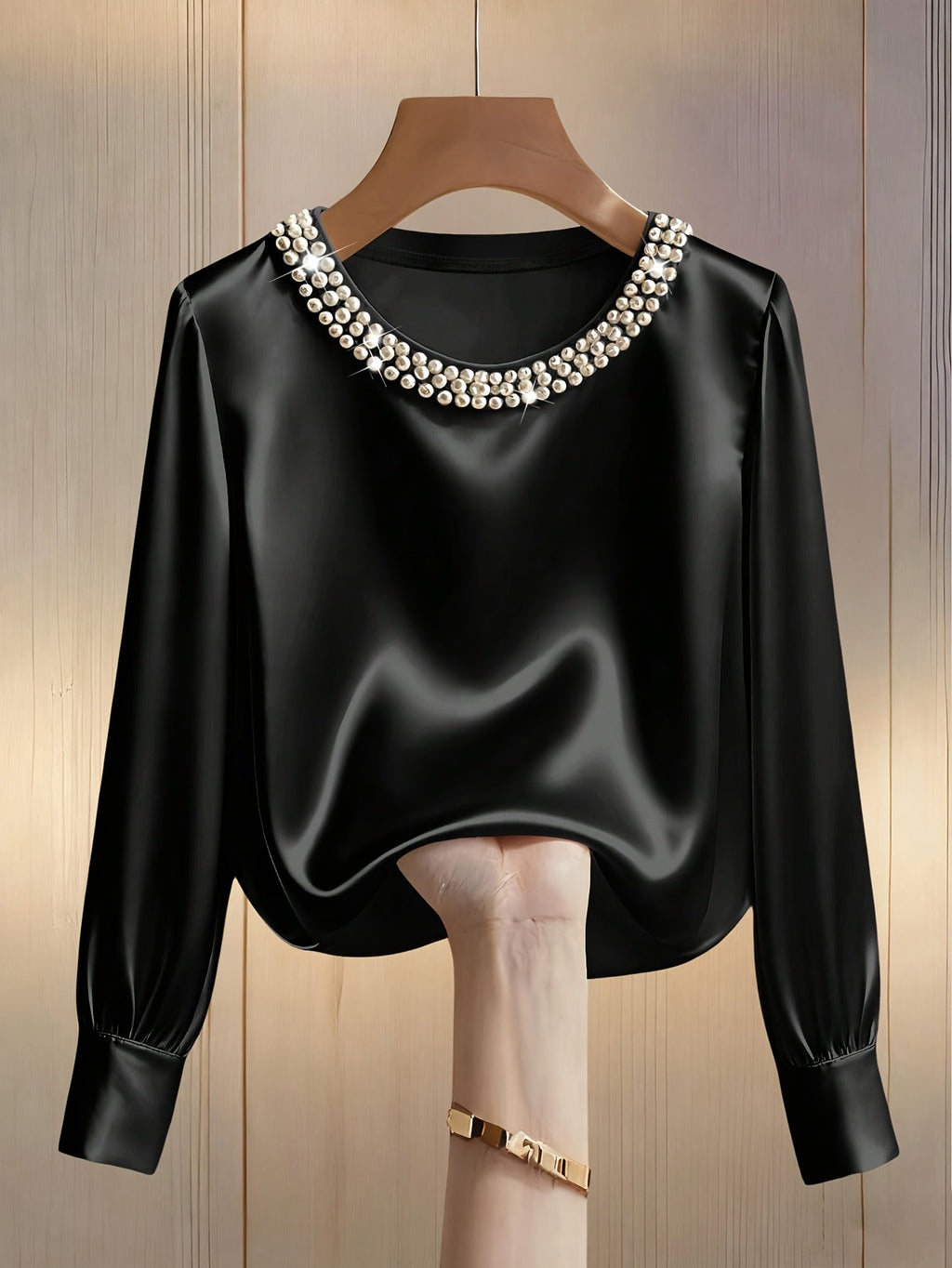 Elegant Embellished Satin Bishop Sleeve Blouse For Women With Pearl And Crystal Trim Details