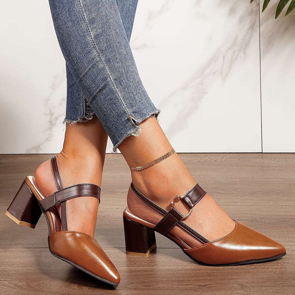 Women's Block Heel Slingback Court Shoes With Pointed Toe, Two-Tone Heels Featuring Contrast Vamp Strap And Gold Ring