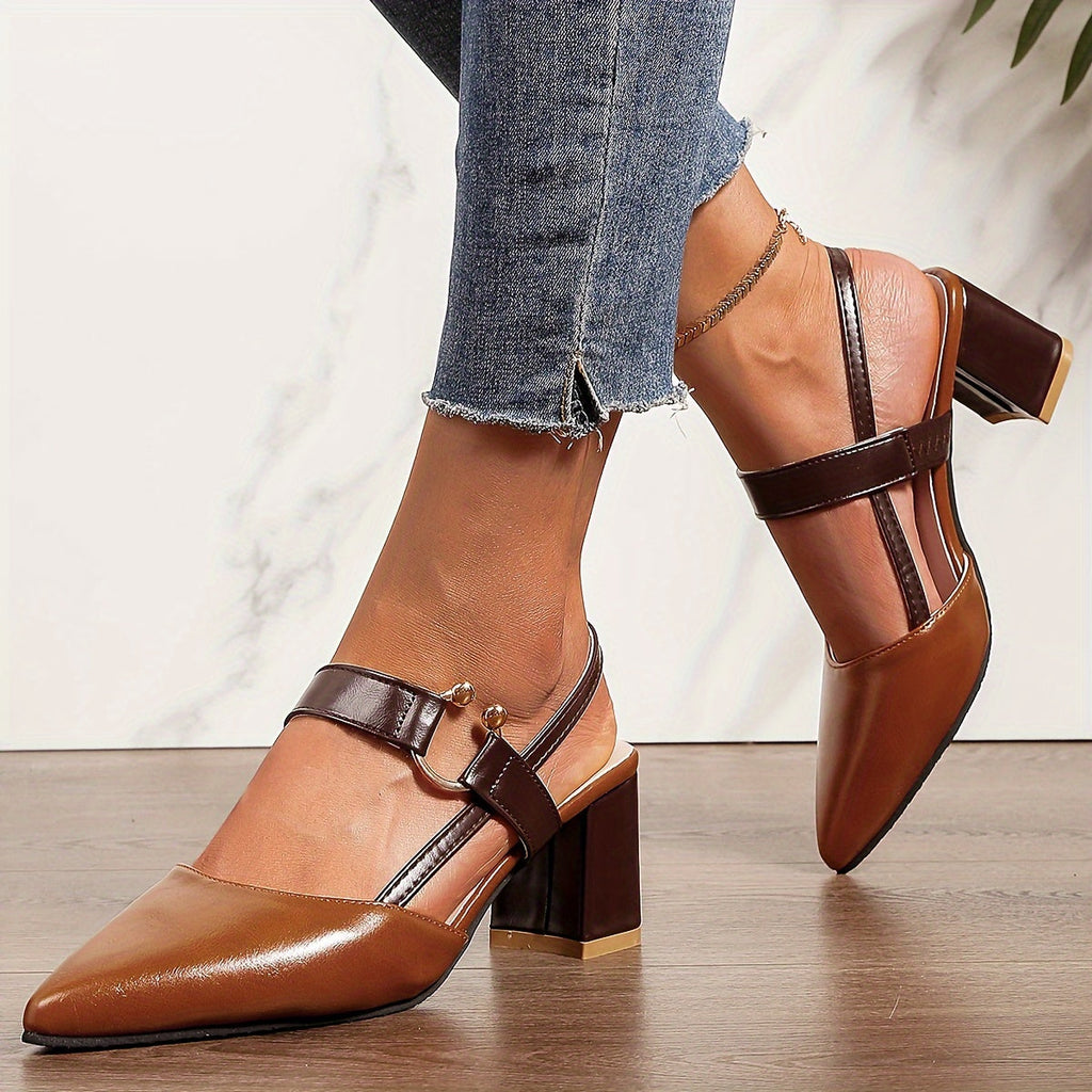 Women's Block Heel Slingback Court Shoes With Pointed Toe, Two-Tone Heels Featuring Contrast Vamp Strap And Gold Ring