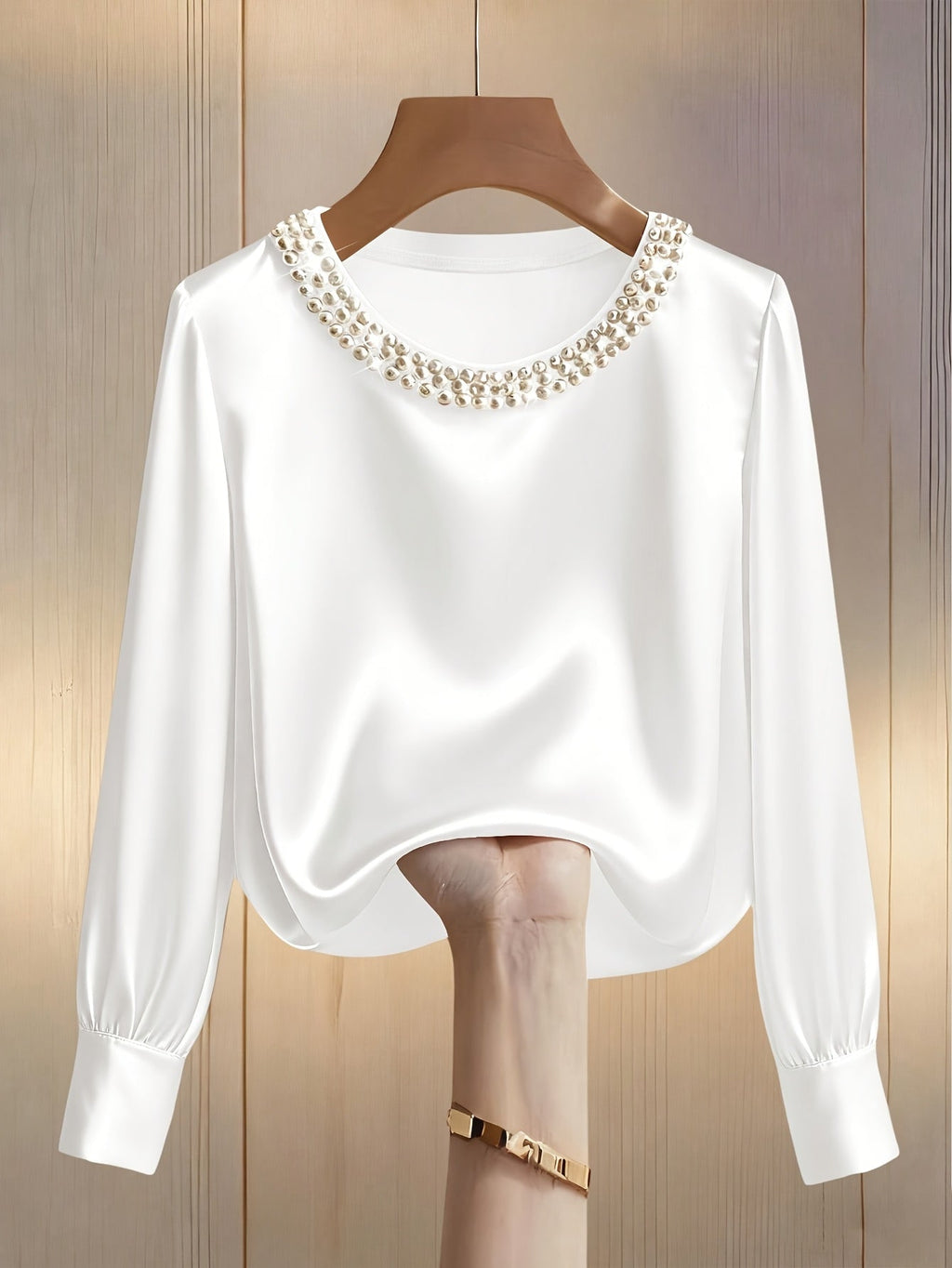 Elegant Embellished Satin Bishop Sleeve Blouse For Women With Pearl And Crystal Trim Details
