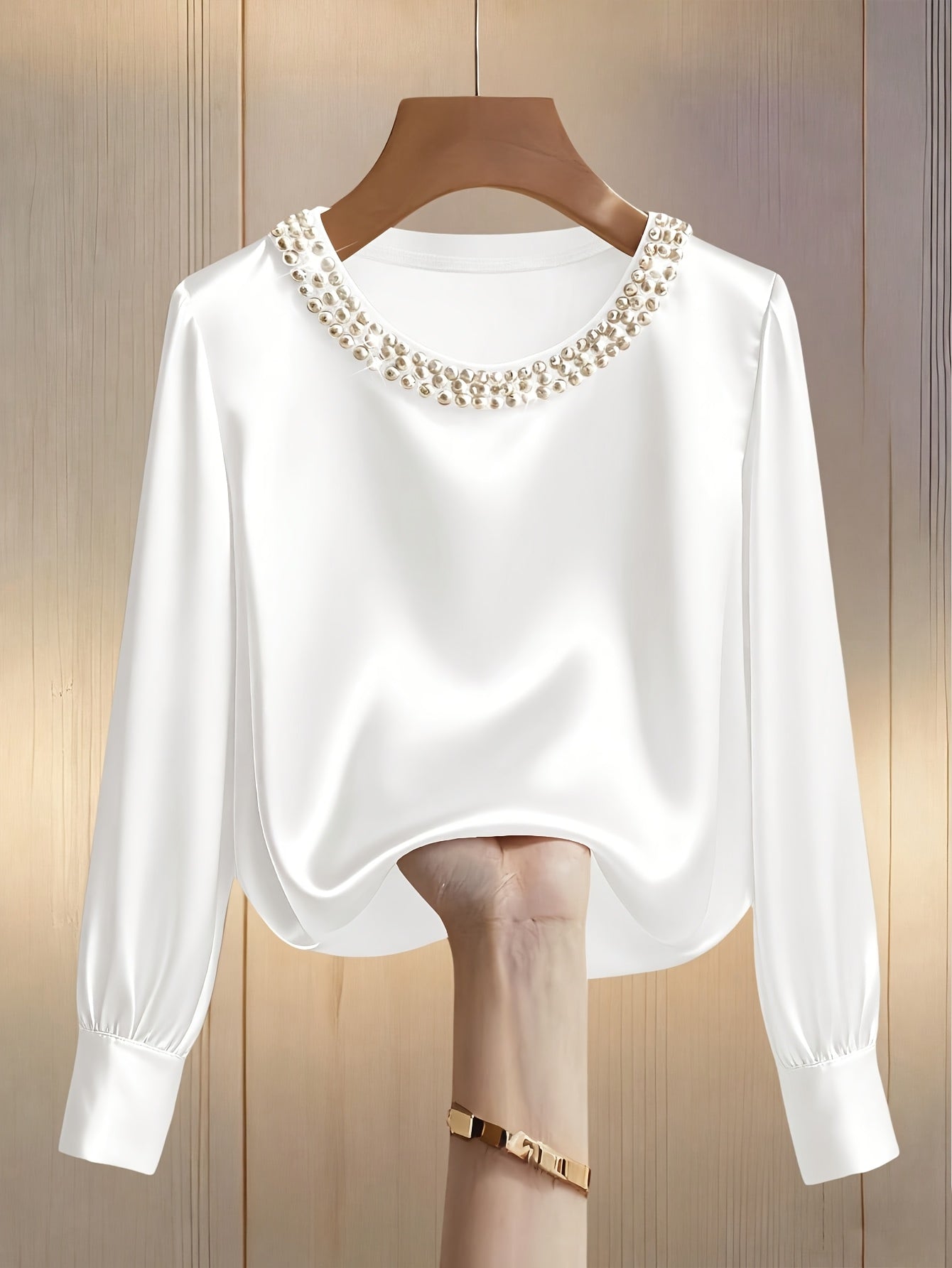 Elegant Embellished Satin Bishop Sleeve Blouse For Women With Pearl And Crystal Trim Details