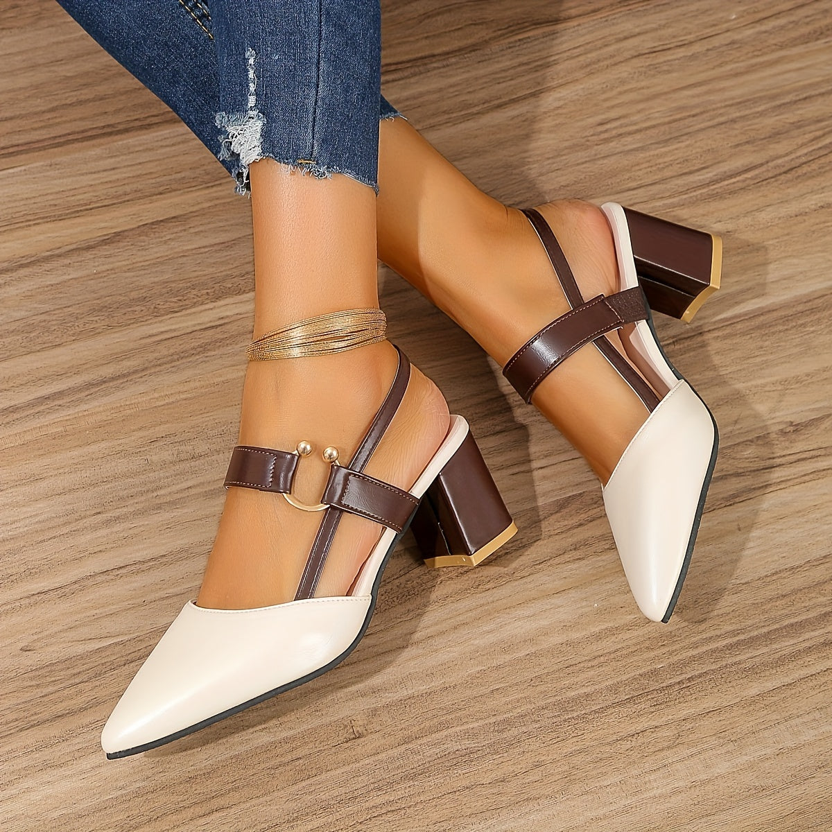 Women's Block Heel Slingback Court Shoes With Pointed Toe, Two-Tone Heels Featuring Contrast Vamp Strap And Gold Ring