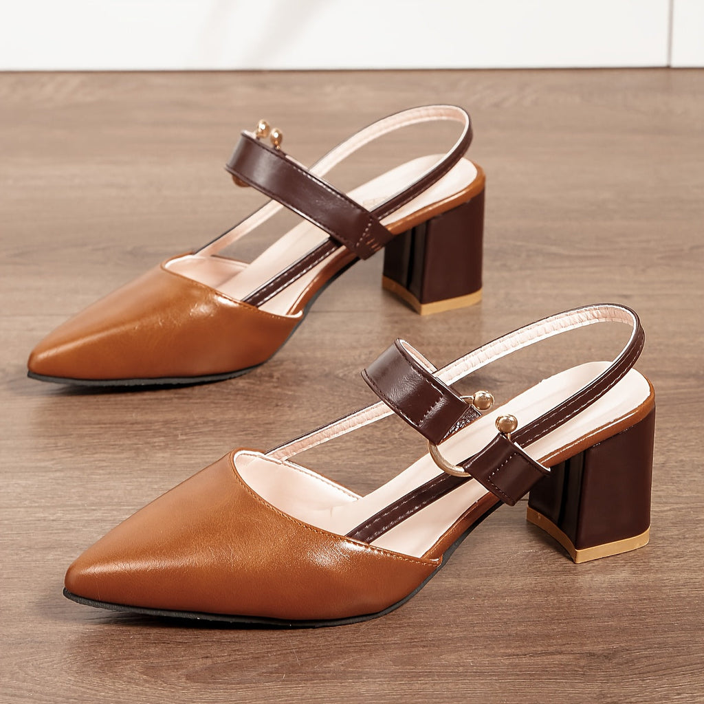 Women's Block Heel Slingback Court Shoes With Pointed Toe, Two-Tone Heels Featuring Contrast Vamp Strap And Gold Ring